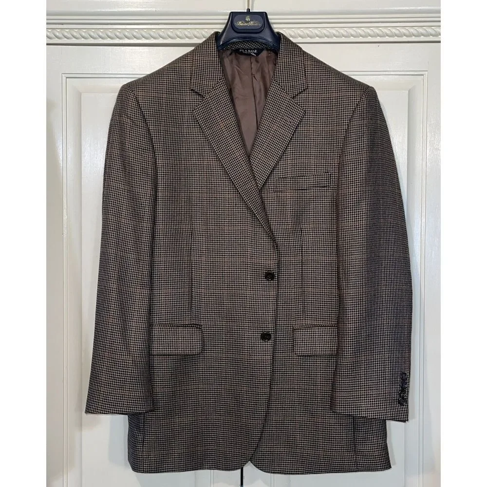 Jos‎ A Bank Blazer Men 42R 55% Silk 45% Camel Hair Houndstooth Windowpane